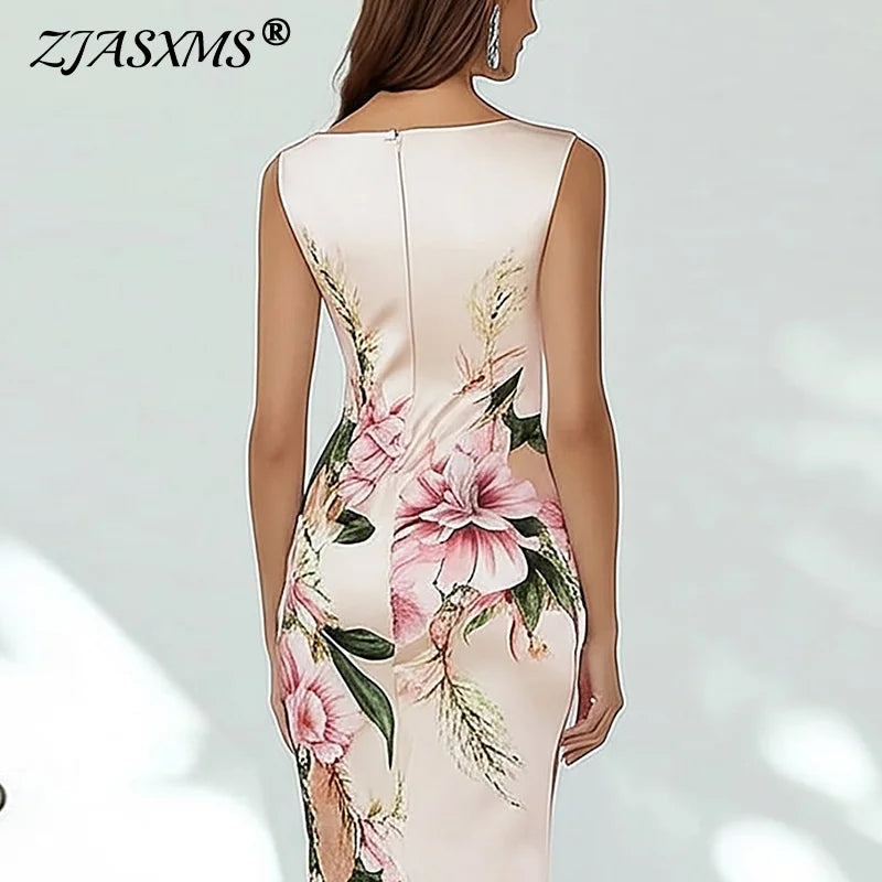 Summer Sleeveless Back Zipper Holiday Dress Fashion Floral Printed Slim Bodycon Party Dress Woman Elegant V Neck Commute Dresses