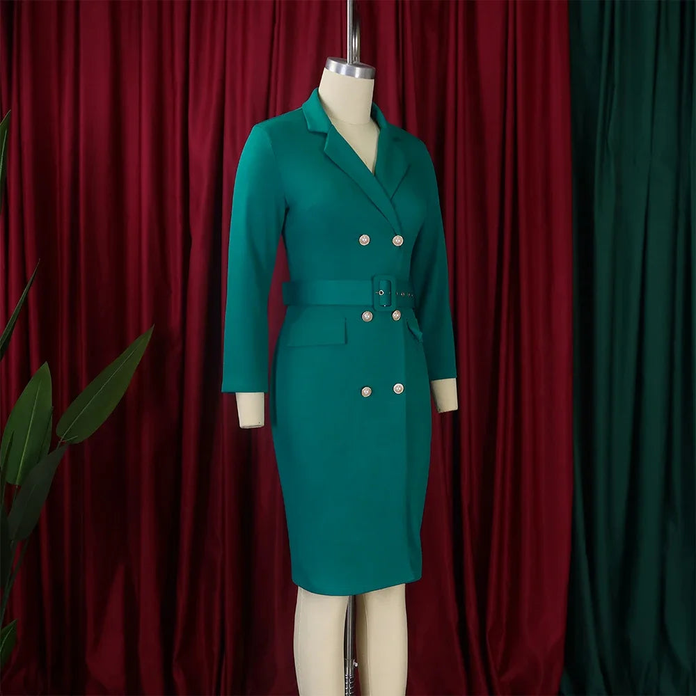Office Dress Women Elegant Notched Collar Full Sleeve Belt Waisted Double Breasted Package Hips Mid Calf Formal Work Dress Midi