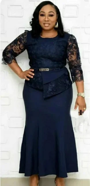 4XL 5XL Plus Size 2025 Christmas Dresses Women O Neck 3/4 Sleeve Long Maxi Dress Fashion Lace Patchwork Night Party Dress