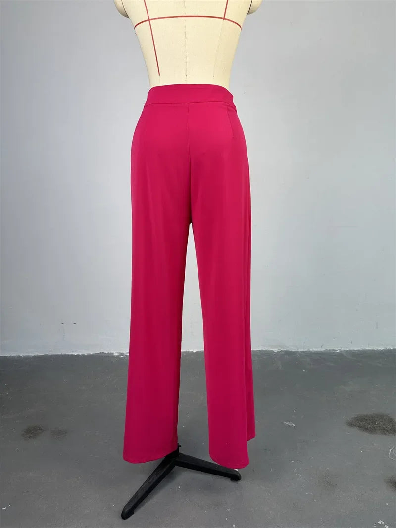 Women Wide Leg Pant Sets Two Piece Set Black Shirt Top & Cuffed Pants Set Suit Loose O Neck High Waist Elegant Trousers Suits