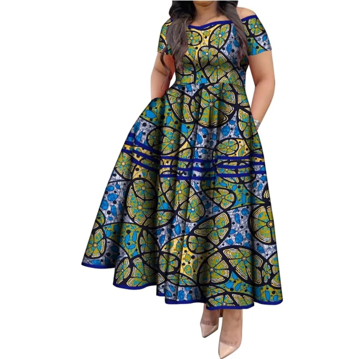 BintaRealWax African Dresses for Women Elegant African Print Short Sleeve High Waist Maxi Dress Africa Clothing WY3629
