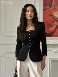 Clacive Bodycon Black Office Women's Shirt Fashion Square Collar Long Sleeve Shirts Elegant Classic Solid Tops Female Clothing