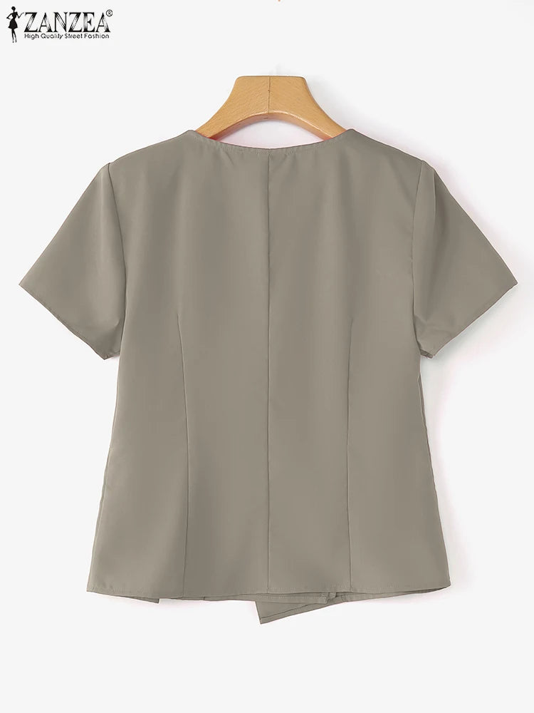 ZANZEA Fashion Shirts Women Elegant Office Tops Casual Short Sleeve Blusas Oversized V Neck Tunic 2025 Solid Color Pullover