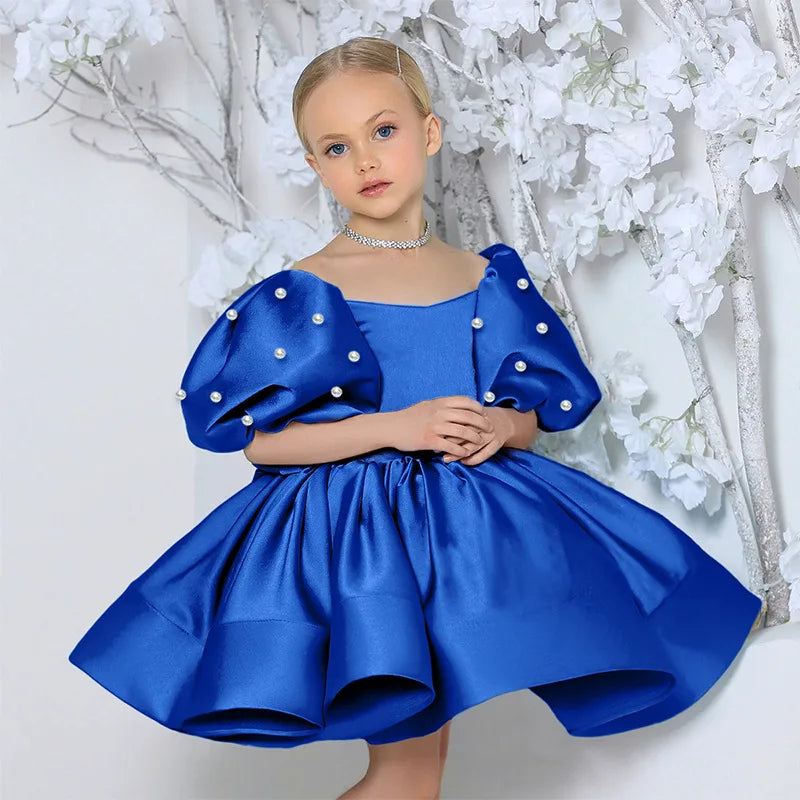Kids Puffy Dress Pearl Decorated Girl Princess Dress Birthday Elegant Girls Party Dresses Children's Solid Bridesmaid Costume