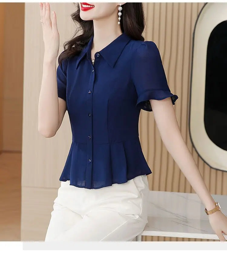 Women's Button Down Blouse Short Ruffle Sleeve Peplum Hem Chiffon Office Casual Top