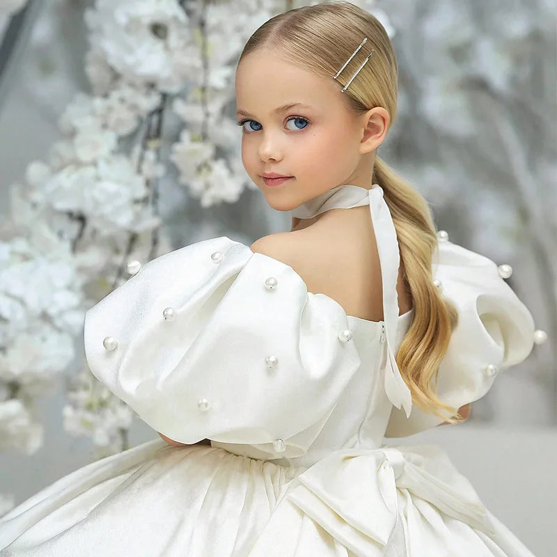 Kids Puffy Dress Pearl Decorated Girl Princess Dress Birthday Elegant Girls Party Dresses Children's Solid Bridesmaid Costume