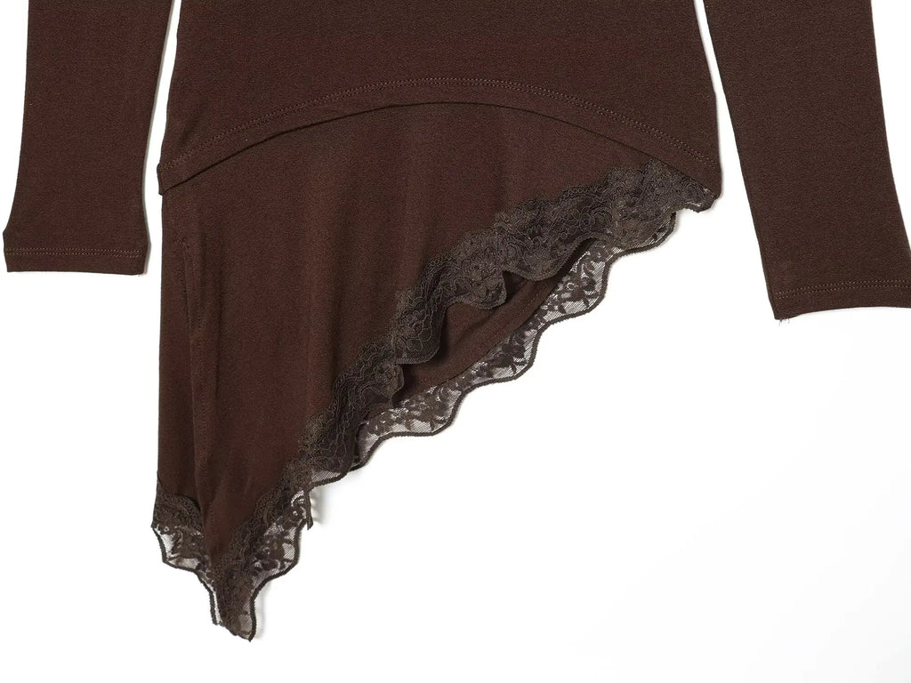 Women's T-Shirts Spring Autumn Fashion Lace Hem T Shirts for Women Asymmetry Streetwear Long Sleeve Slim Casual Tops