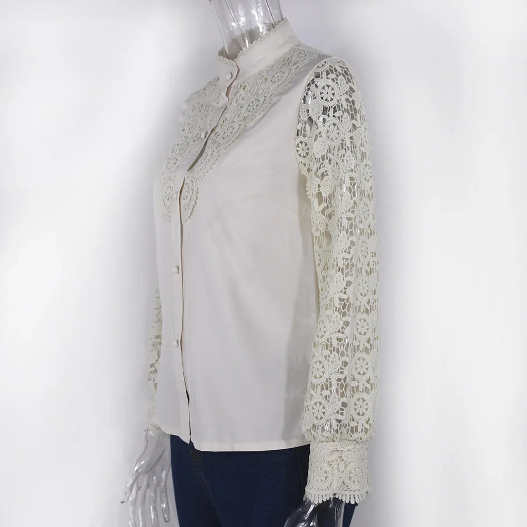 Women's Blouses White Office Spring Casual Button V-neck Long Sleeve Elegant Hook Flower Hollow Shirt For Female