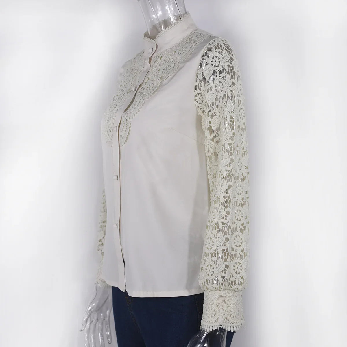 Women's Blouses White Office Spring Casual Button V-neck Long Sleeve Elegant Hook Flower Hollow Shirt For Female