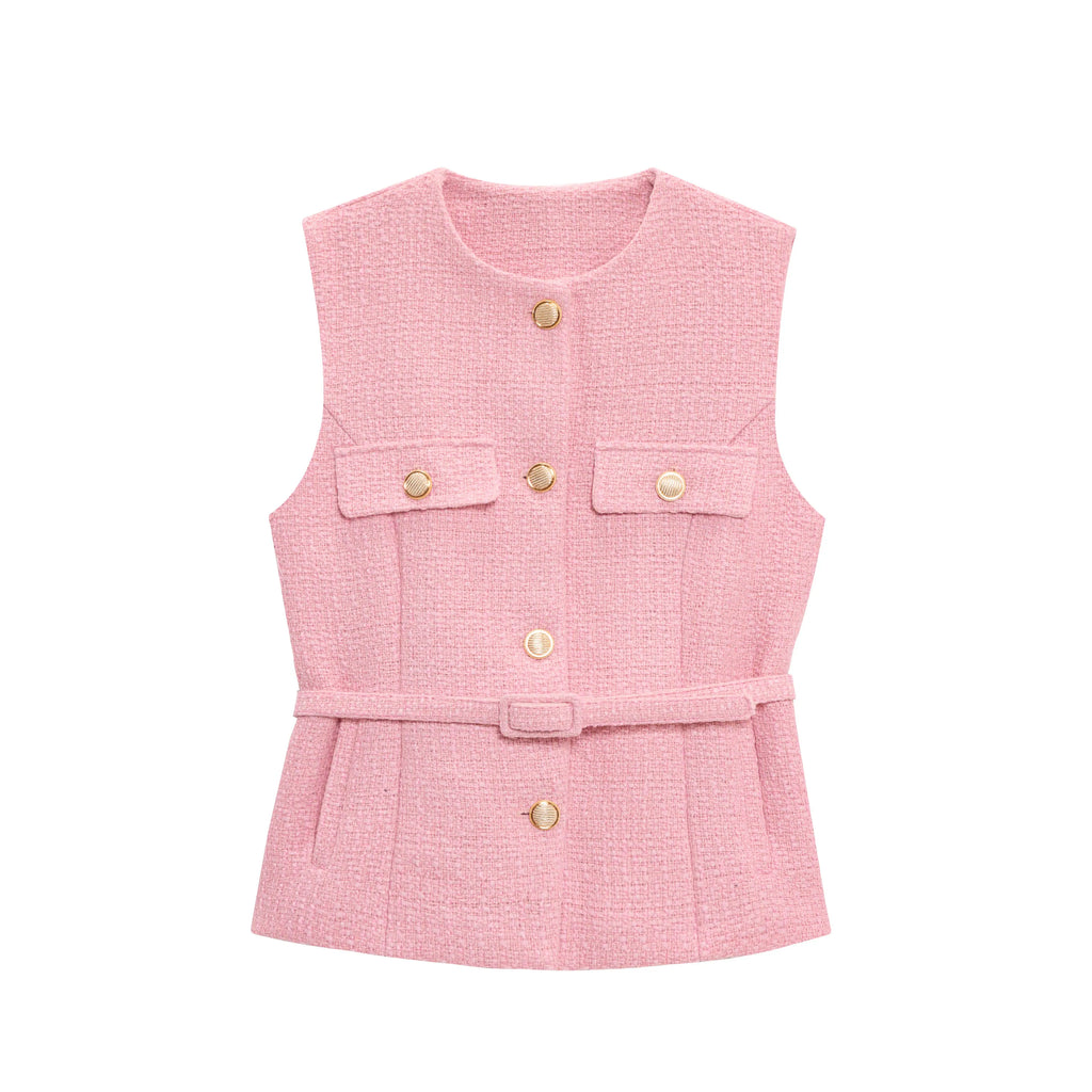 HH Women Fashion Tweed Belt Waistcoat O Neck Single Breasted Sleeveless Vests Spring Summer Office Lady Outerwear Chic Tops