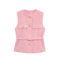 HH Women Fashion Tweed Belt Waistcoat O Neck Single Breasted Sleeveless Vests Spring Summer Office Lady Outerwear Chic Tops
