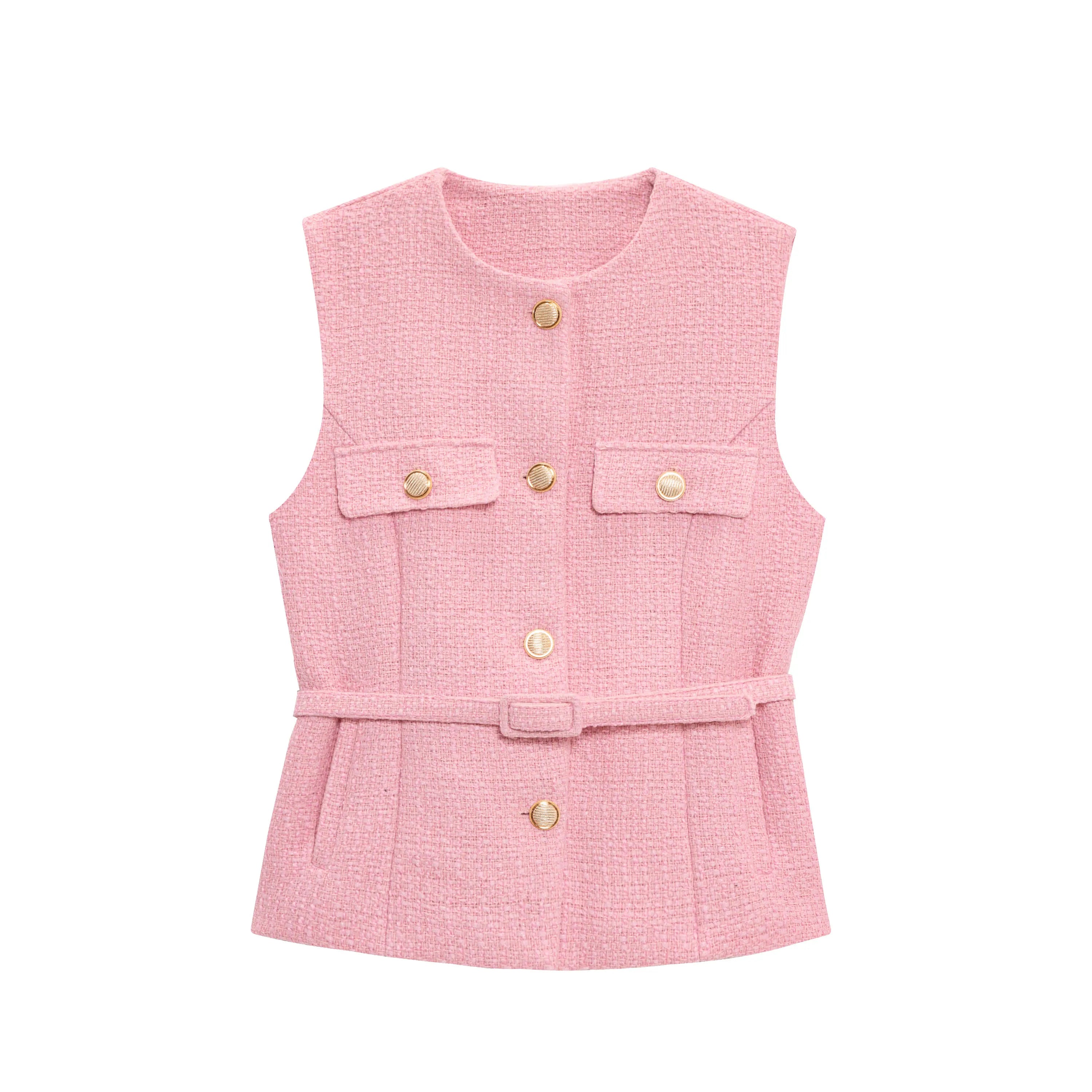 HH Women Fashion Tweed Belt Waistcoat O Neck Single Breasted Sleeveless Vests Spring Summer Office Lady Outerwear Chic Tops