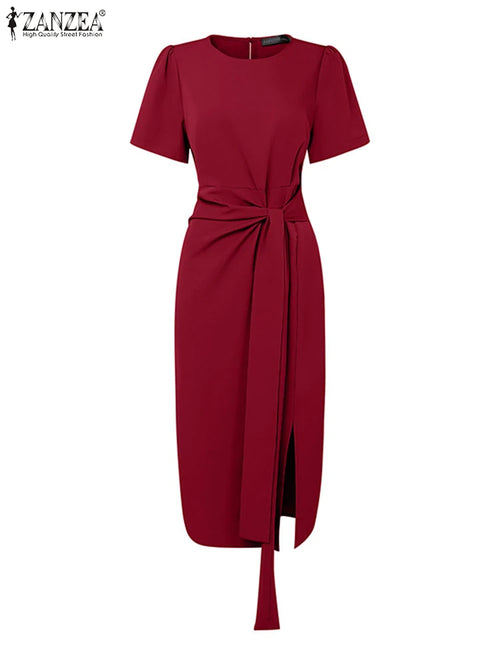 2025 Summer Dress ZANZEA Elegant Women Work OL Dresses Stylish Short Sleeve Slim Fit Party Vestidos Solid Lace Up Sundress Robe