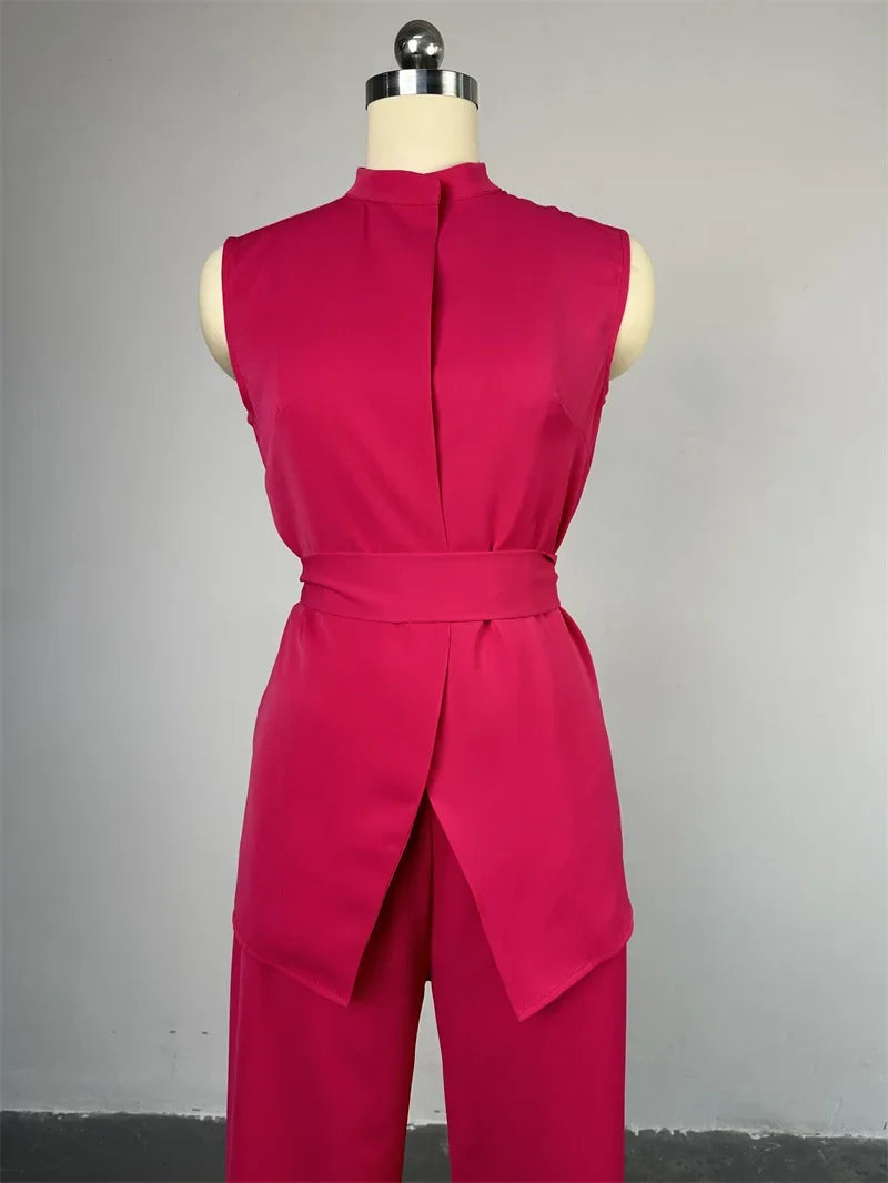 Women Wide Leg Pant Sets Two Piece Set Black Shirt Top & Cuffed Pants Set Suit Loose O Neck High Waist Elegant Trousers Suits