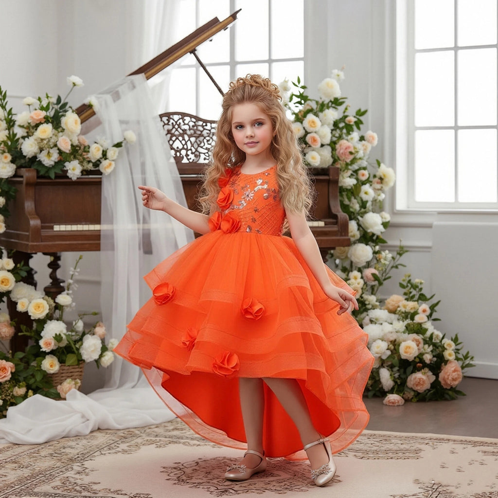 New Orange Flower Girl Princess Tail Dress for   3 to 12 Year KID Birthday Party Dresses