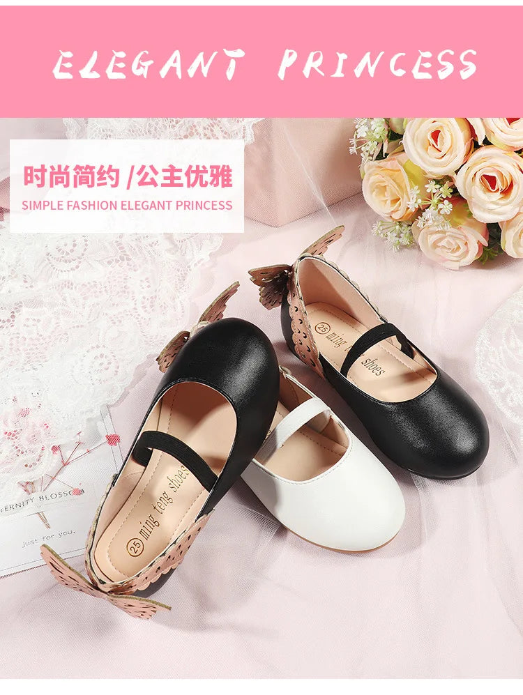 Girls' Leather Shoes 2023 Spring Soft Bottom Butterfly Student Princess Shoes Fashion Slip-on Casual Flats Dancing Shoes 25-30