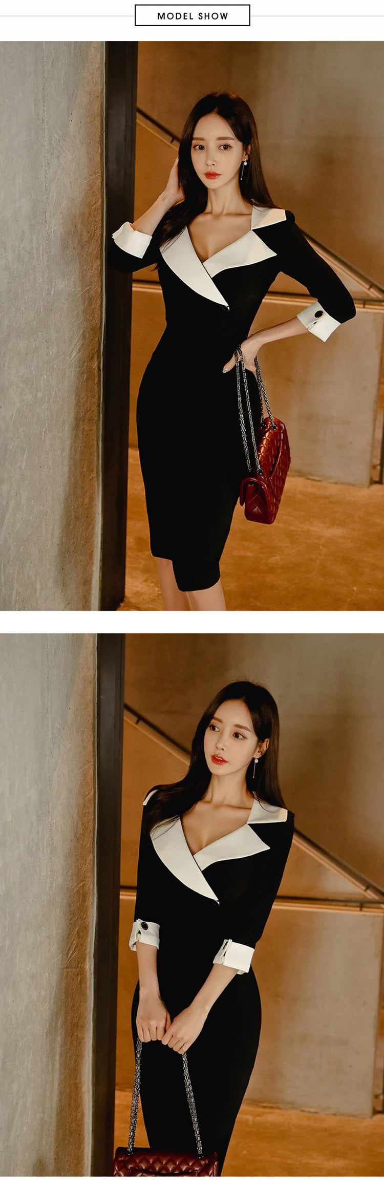 New Fashion Elegant Office Lady Women Dress Sexy Retro Casual Turn-Down Collar Black Formal Slim Midi Party Pencil Femme Vestido