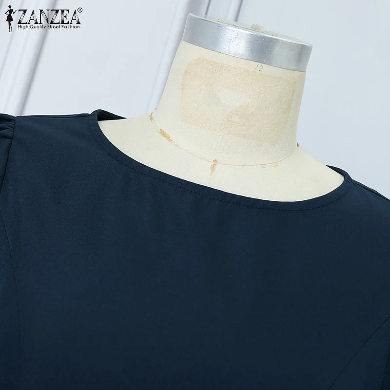ZANZEA Office Women Dresses 2025 Fashion Summer Dress Elegant O Neck Short Sleeve Work Midi Vestido Stylish Solid Party Sundress