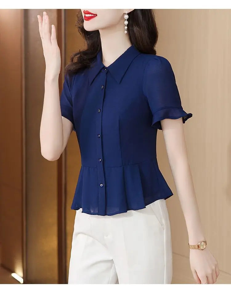 Women's Button Down Blouse Short Ruffle Sleeve Peplum Hem Chiffon Office Casual Top