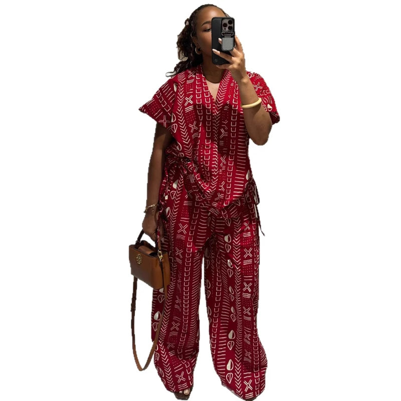New African Fashion Vintage Casual Printed Women Two Piece Set Short Sleeve drawstring Waist and Loose Pants Set Outfits