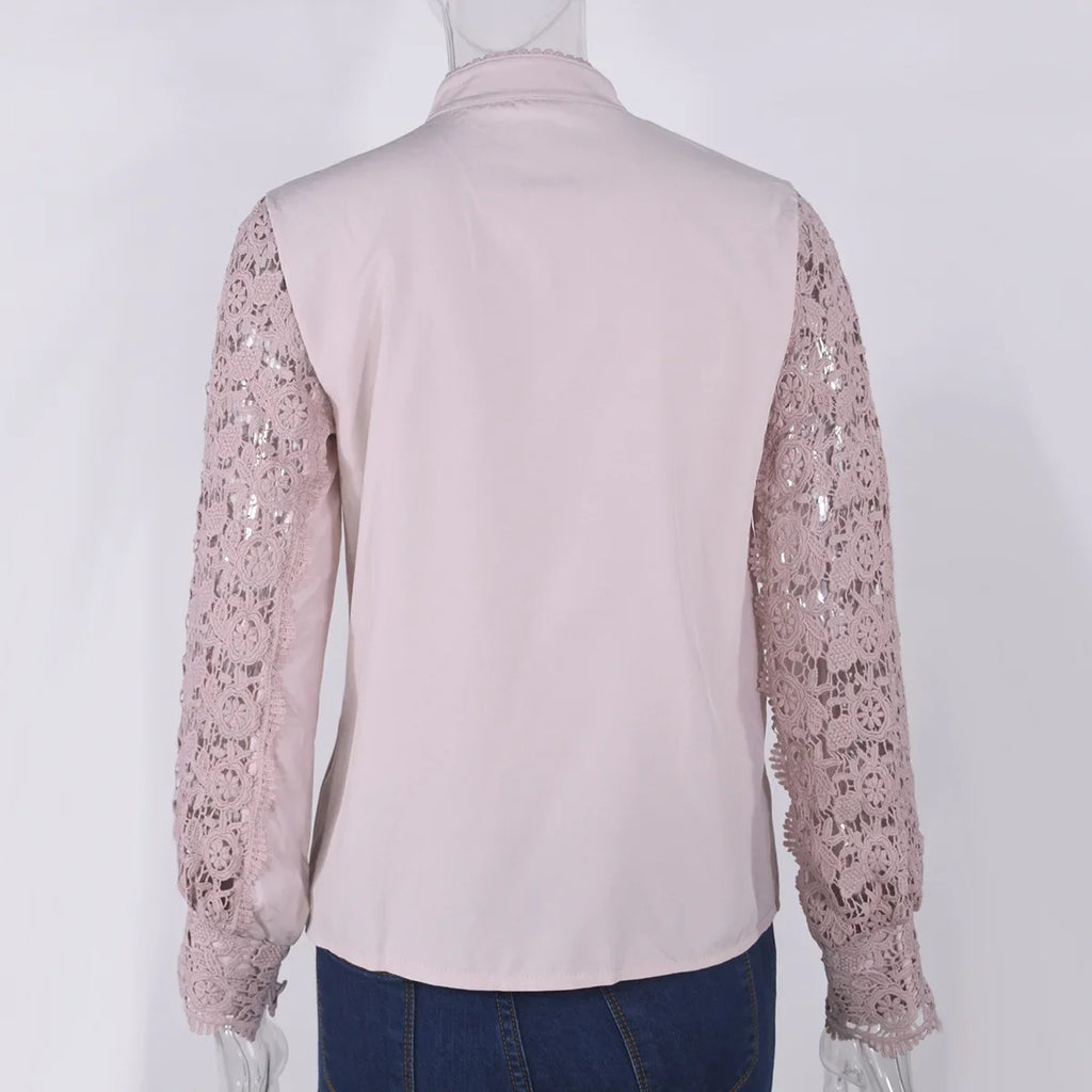 Women's Blouses White Office Spring Casual Button V-neck Long Sleeve Elegant Hook Flower Hollow Shirt For Female