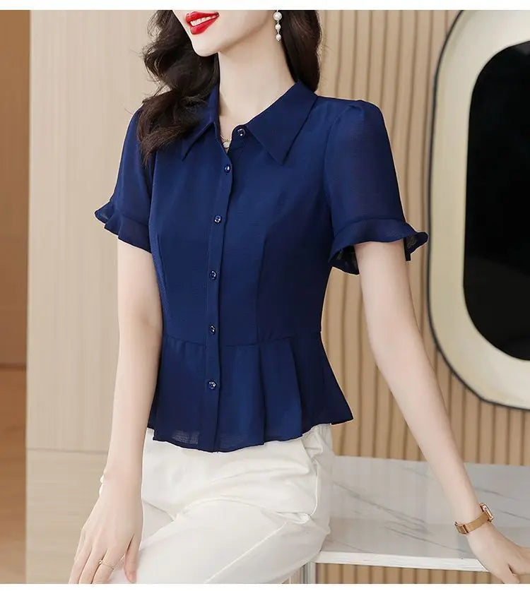 Women's Button Down Blouse Short Ruffle Sleeve Peplum Hem Chiffon Office Casual Top