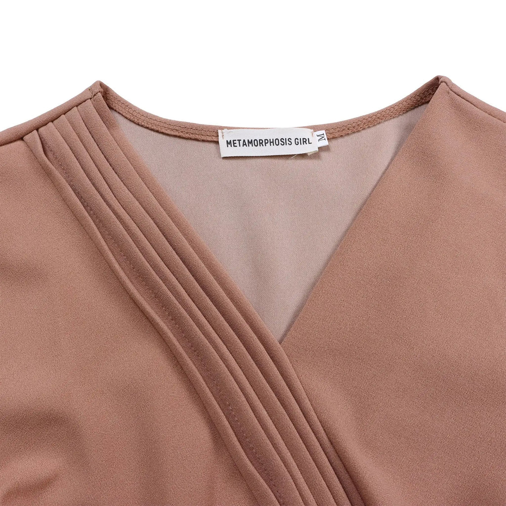 Summer New V-neck Elegant Solid Color Pleated Dress Fashionable Casual Knee-Length Women's Dress