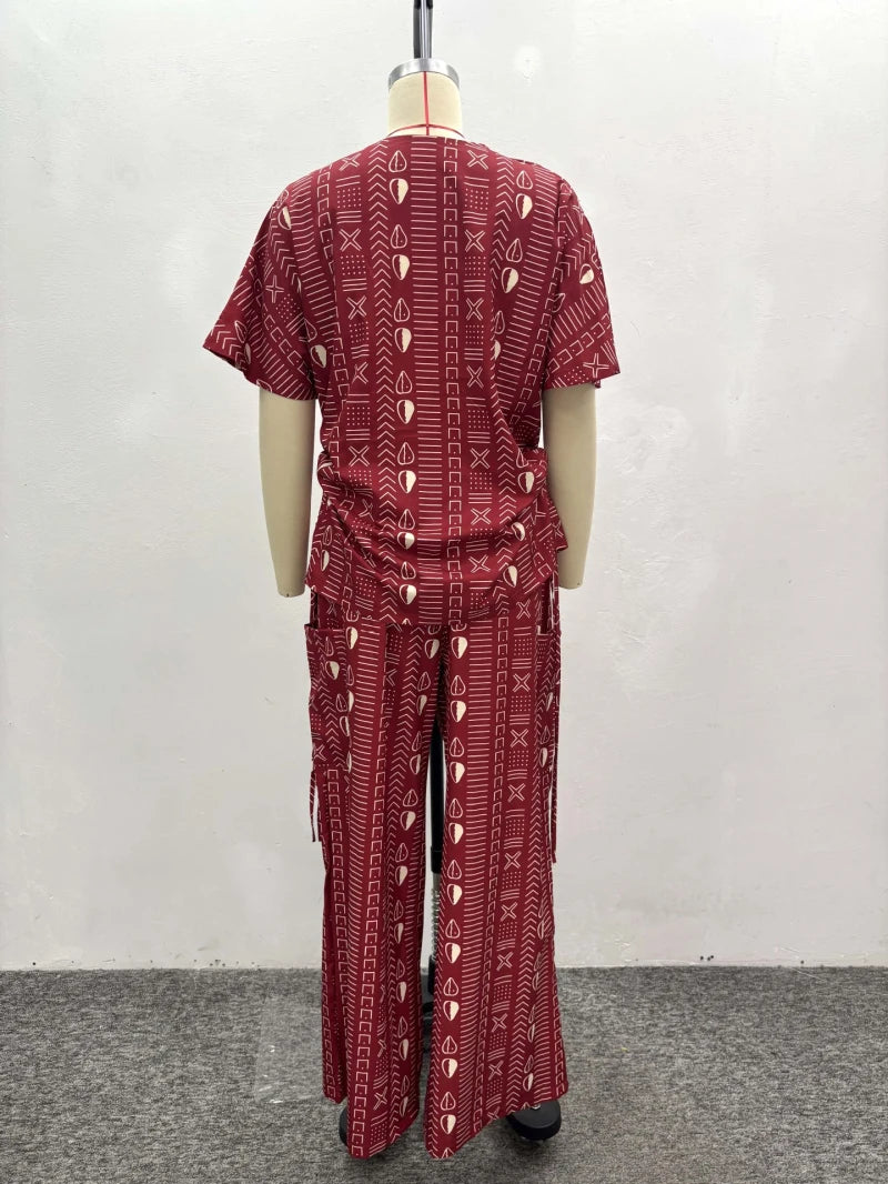 New African Fashion Vintage Casual Printed Women Two Piece Set Short Sleeve drawstring Waist and Loose Pants Set Outfits