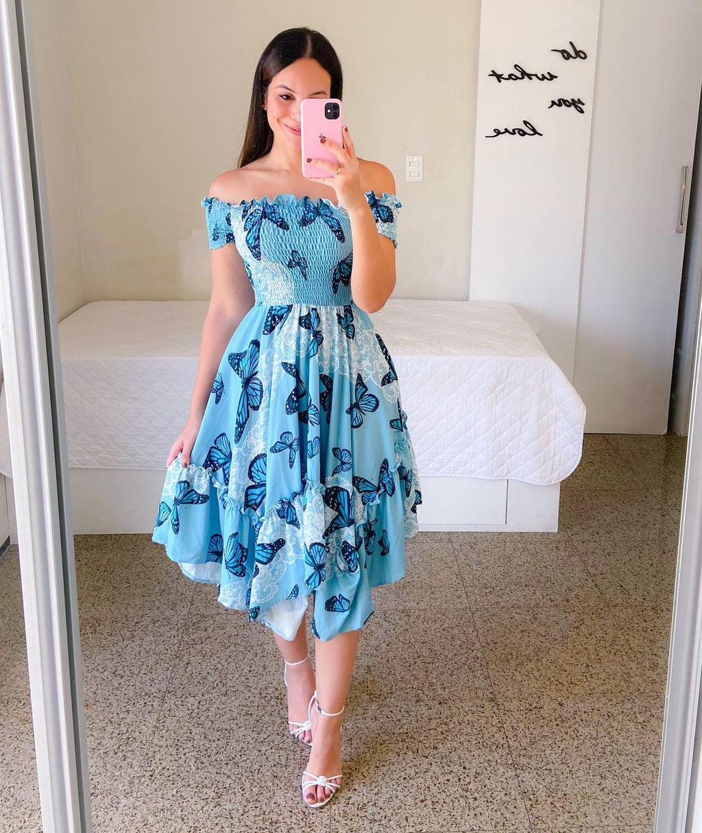 Women's Floral Print Dress, Butterfly Pink, Short Sleeve, Flower Slash Neck, Sexy Boho Elegant Casual Dresses, Summer, 2025
