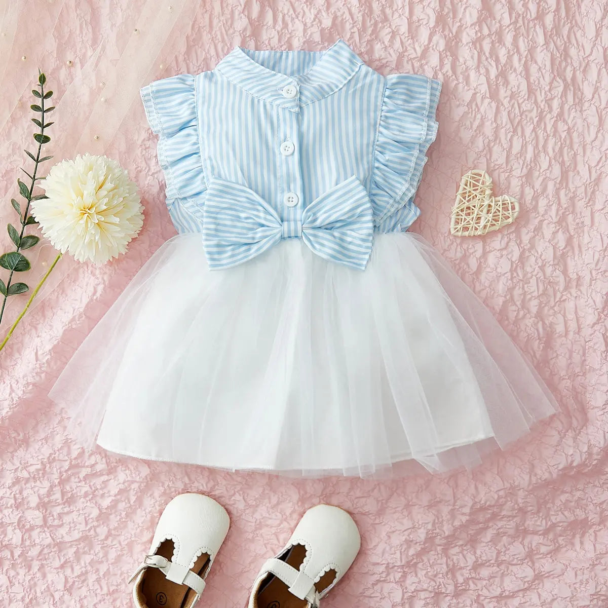 Single piece female baby fashionable, sweet and cute blue and white striped bow decoration spliced mesh dress for summer