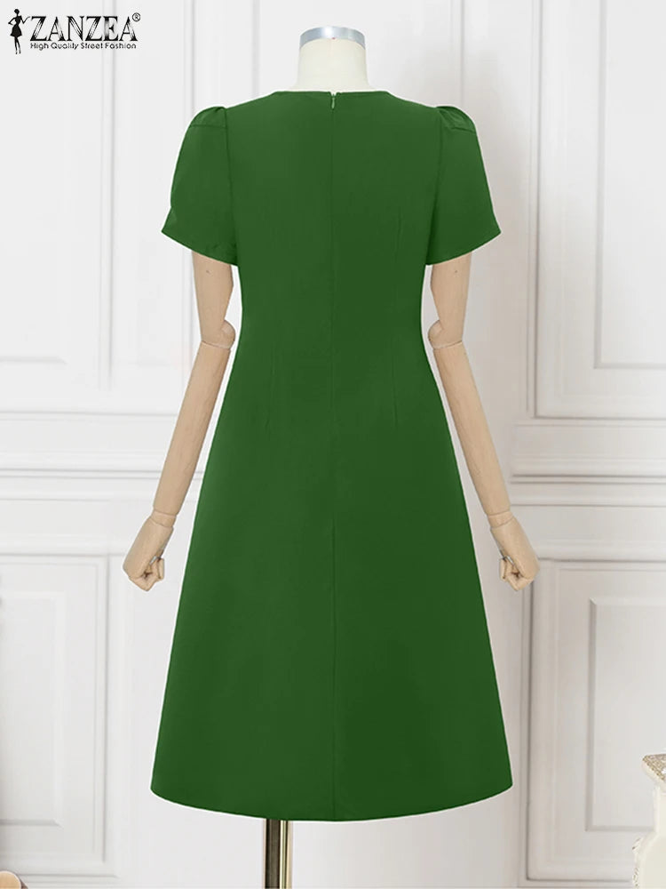 ZANZEA Office Women Dresses 2025 Fashion Summer Dress Elegant O Neck Short Sleeve Work Midi Vestido Stylish Solid Party Sundress