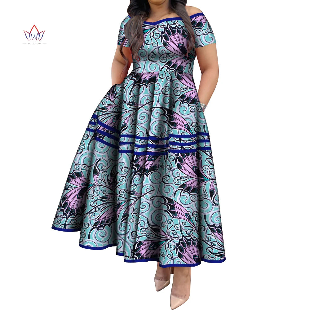 BintaRealWax African Dresses for Women Elegant African Print Short Sleeve High Waist Maxi Dress Africa Clothing WY3629