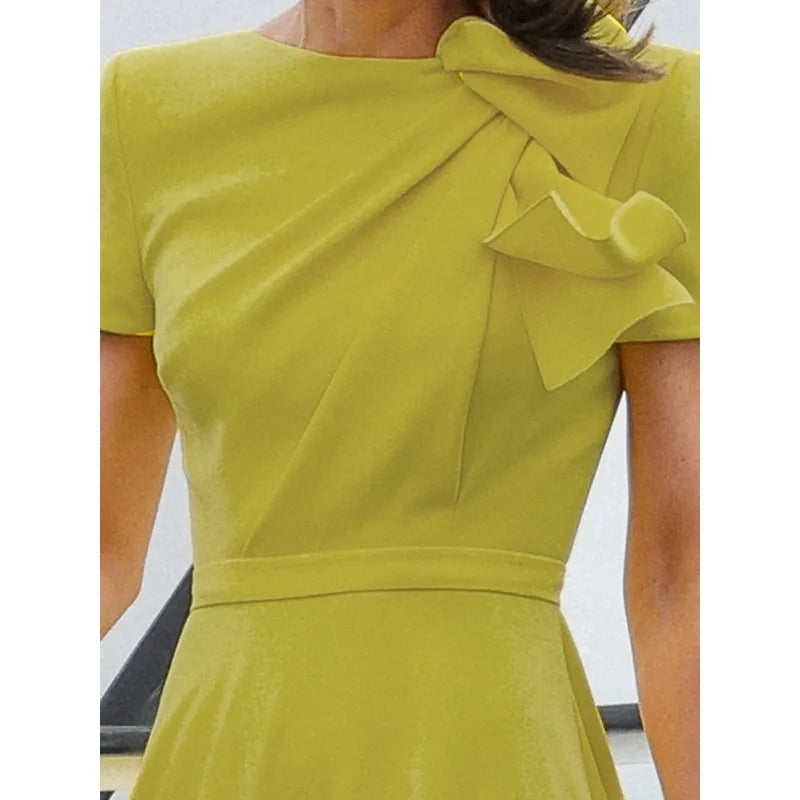 Green Yellow Officewear Dresses for Women 2026 Spring Summer O Neck Short Sleeve Bow High Waist Folds Elegant Midi Dress 182825