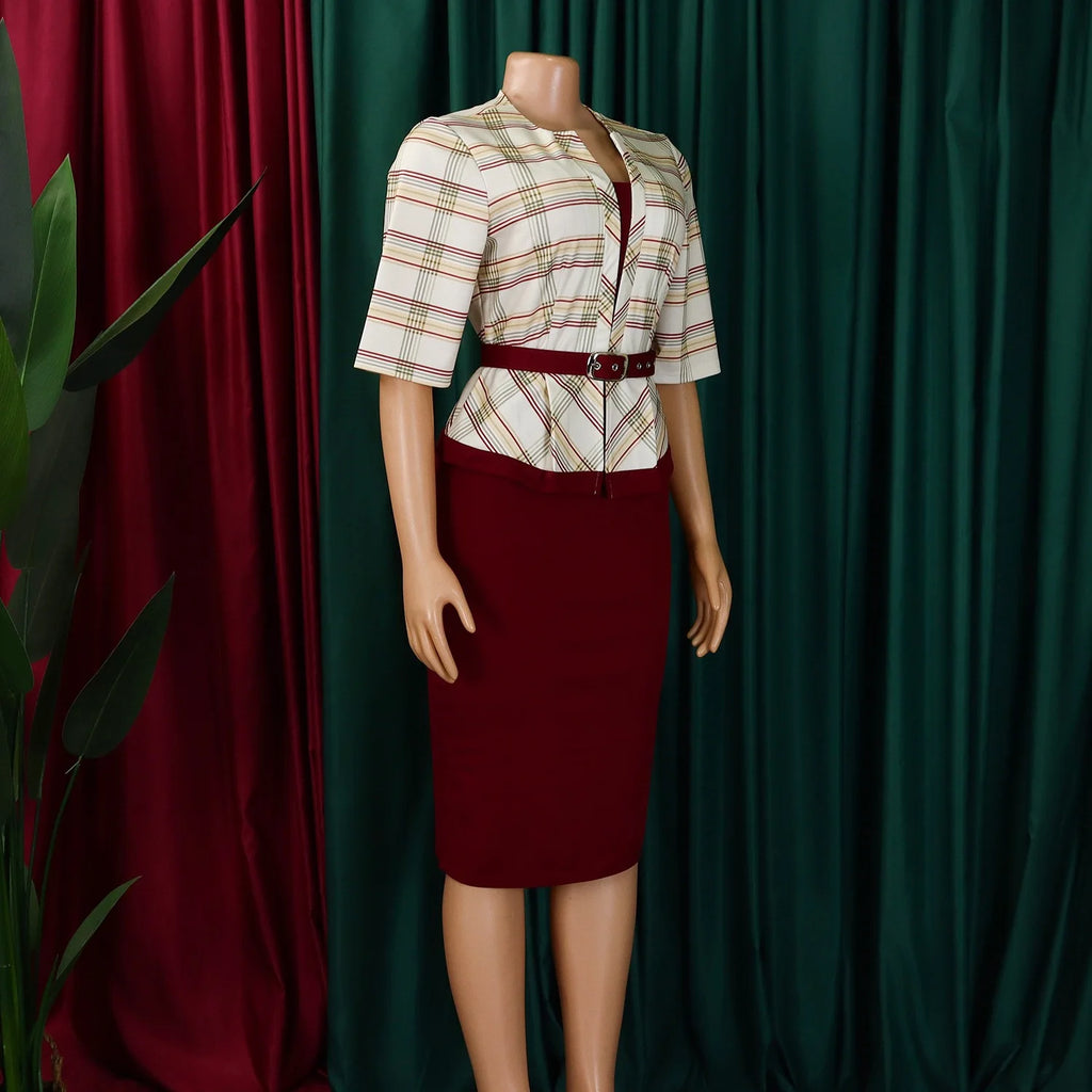 Elegant Office Ladies Dresses for Women O Neck Half Sleeve Plaid Patchwork Sheath Package Hips Female Business Work Wear Dress