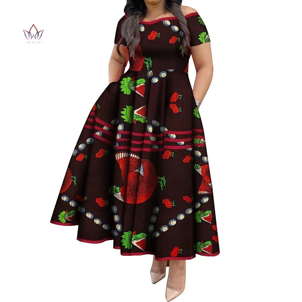 BintaRealWax African Dresses for Women Elegant African Print Short Sleeve High Waist Maxi Dress Africa Clothing WY3629