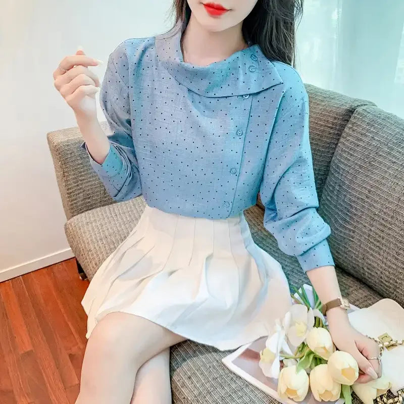 Women's Polka Dot Blouse Asymmetric Collar Long-Sleeve Office Top