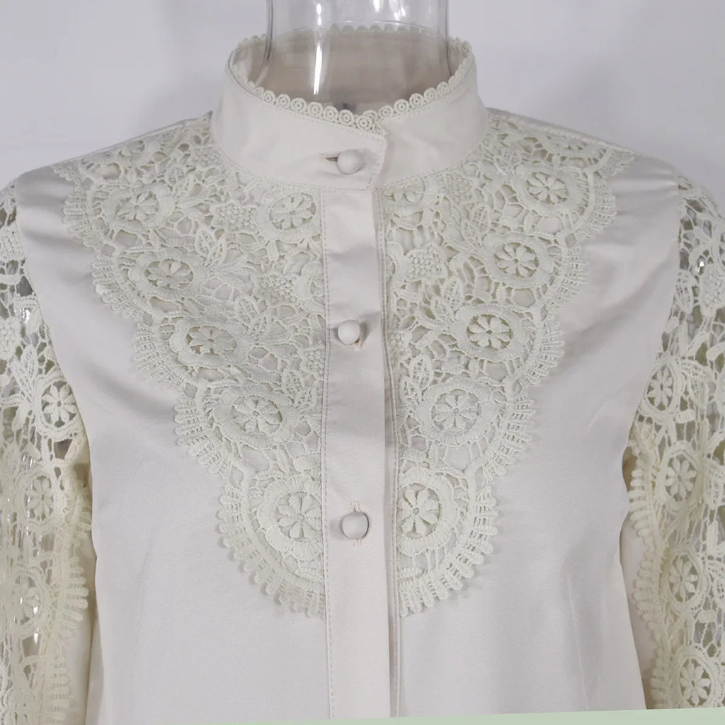 Women's Blouses White Office Spring Casual Button V-neck Long Sleeve Elegant Hook Flower Hollow Shirt For Female