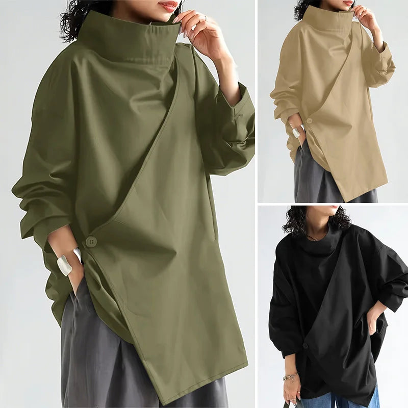 2025 Stylish Long Sleeve Office Blouses ZANZEA Women Autumn Turtleneck Tops Elegant Solid Shirt Irregular Blusas Female Mujer