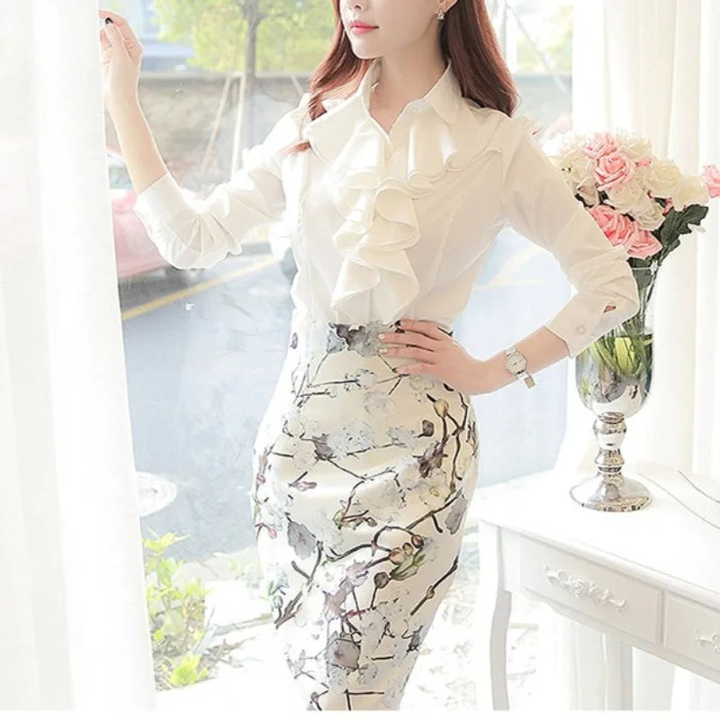 Autumn and Winter Women's Fashion Standing Collar Button Ruffles Shirring Blouse Solid Color Commuter Long Sleeve Slim Shirt