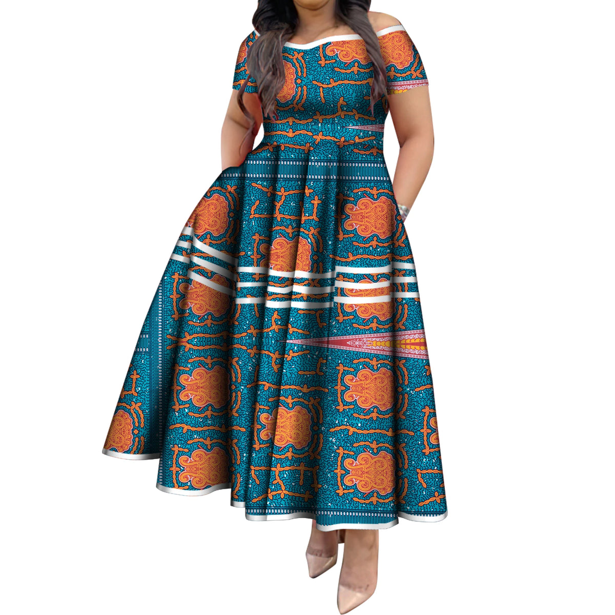 BintaRealWax African Dresses for Women Elegant African Print Short Sleeve High Waist Maxi Dress Africa Clothing WY3629