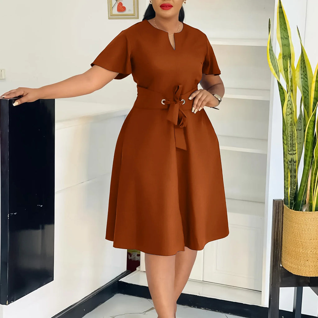 Plus Size Spring Summer New Solid Color Matching V-Neck Short Sleeves Fashion Commuting Slim Fit Midi Length Elegant Style Dress
