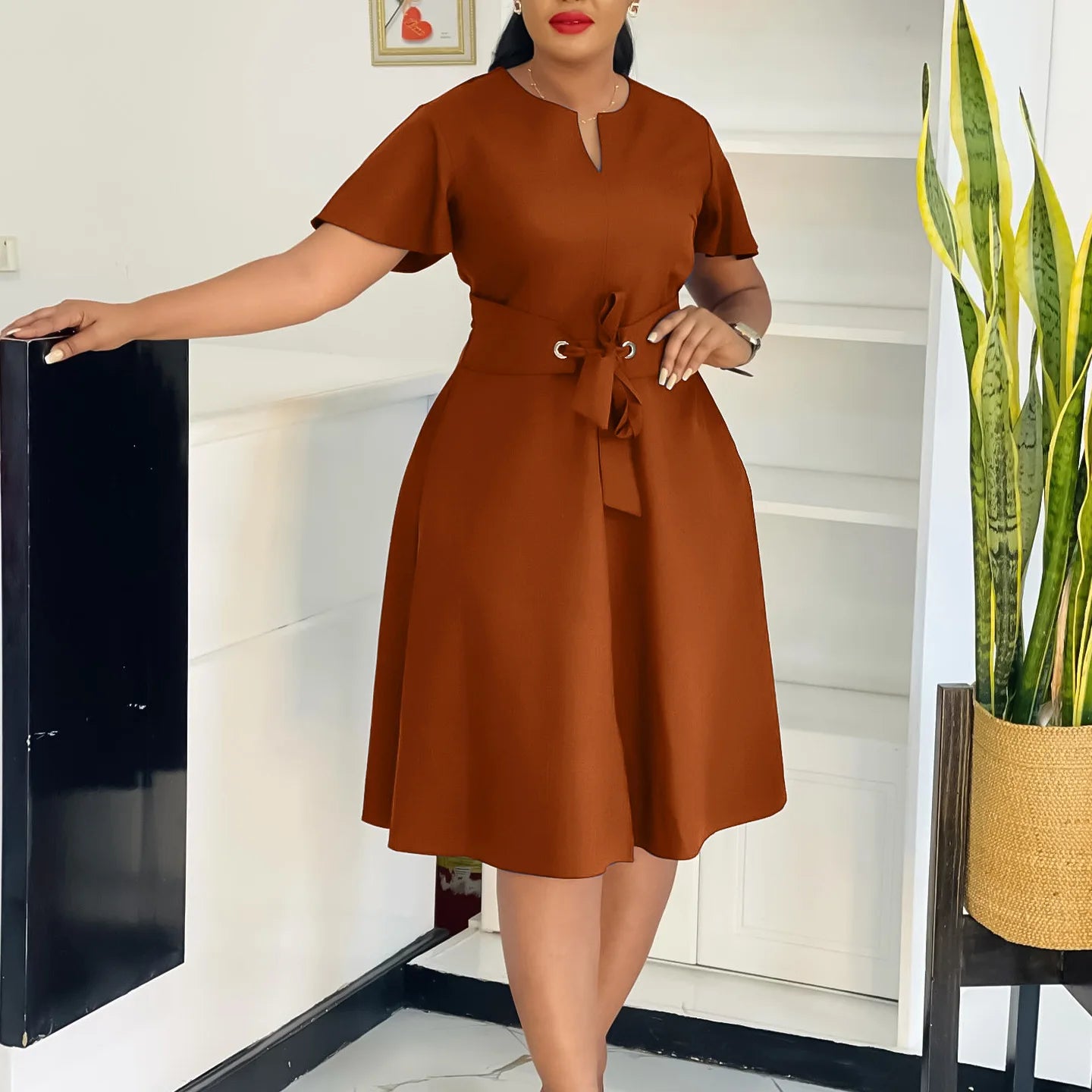 Plus Size Spring Summer New Solid Color Matching V-Neck Short Sleeves Fashion Commuting Slim Fit Midi Length Elegant Style Dress
