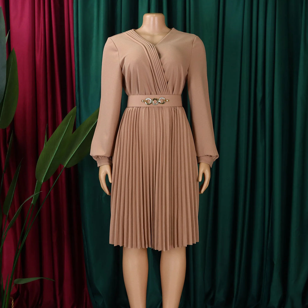 Summer New V-neck Elegant Solid Color Pleated Dress Fashionable Casual Knee-Length Women's Dress