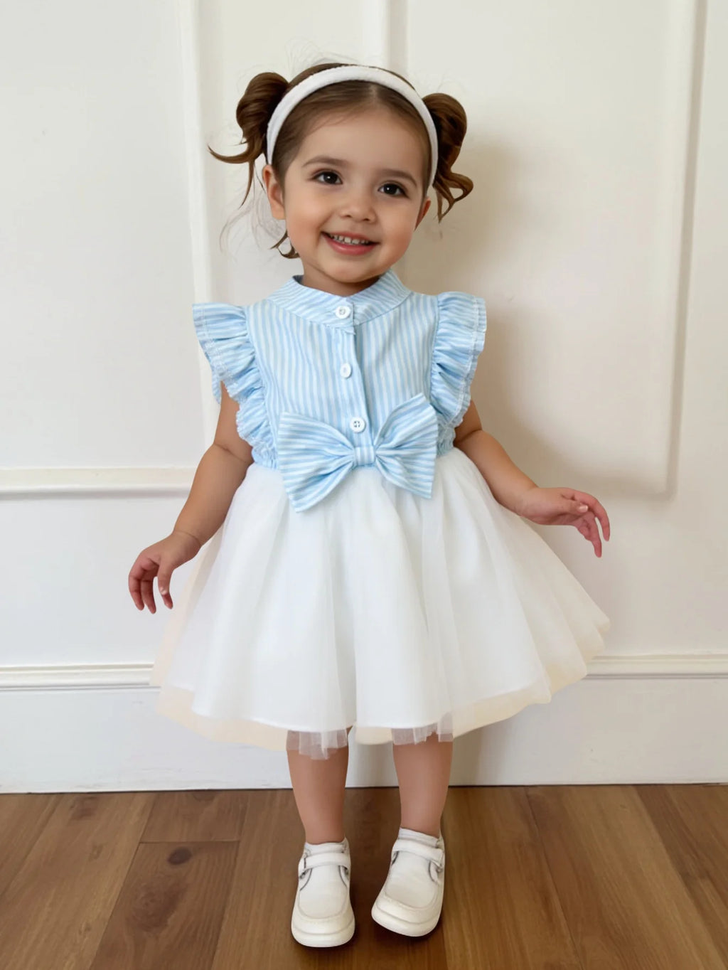 Single piece female baby fashionable, sweet and cute blue and white striped bow decoration spliced mesh dress for summer