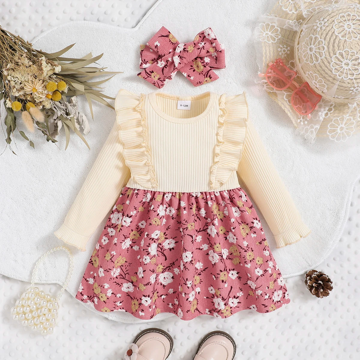 Girls Soft Floral Dress with Yellow Knitted Top And Layered Ruffle Sleeves Pink Flared Skirt Detail Sweet And Gentle Style
