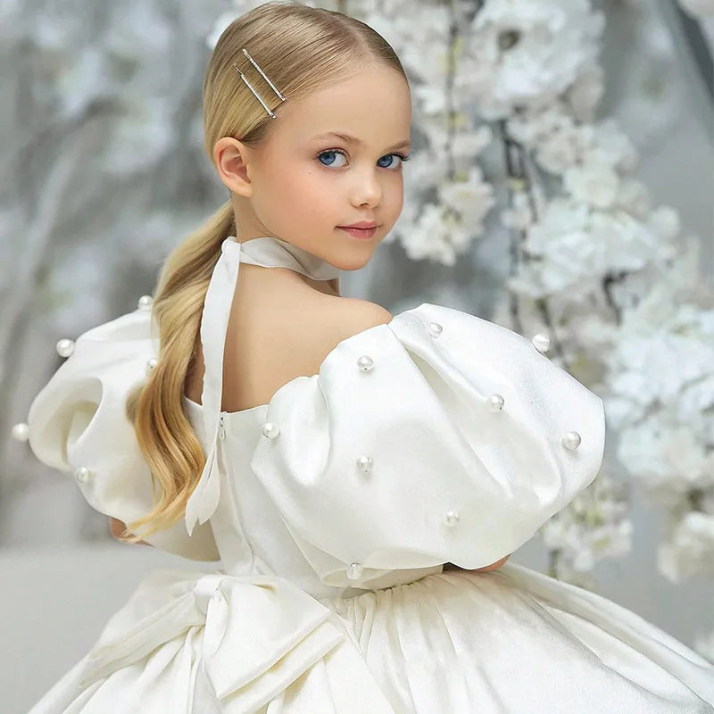 Kids Puffy Dress Pearl Decorated Girl Princess Dress Birthday Elegant Girls Party Dresses Children's Solid Bridesmaid Costume