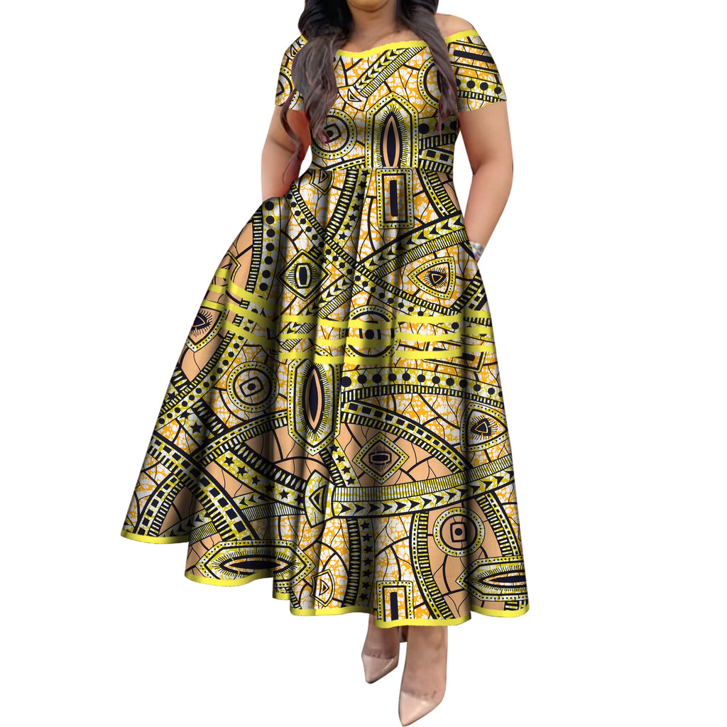 BintaRealWax African Dresses for Women Elegant African Print Short Sleeve High Waist Maxi Dress Africa Clothing WY3629
