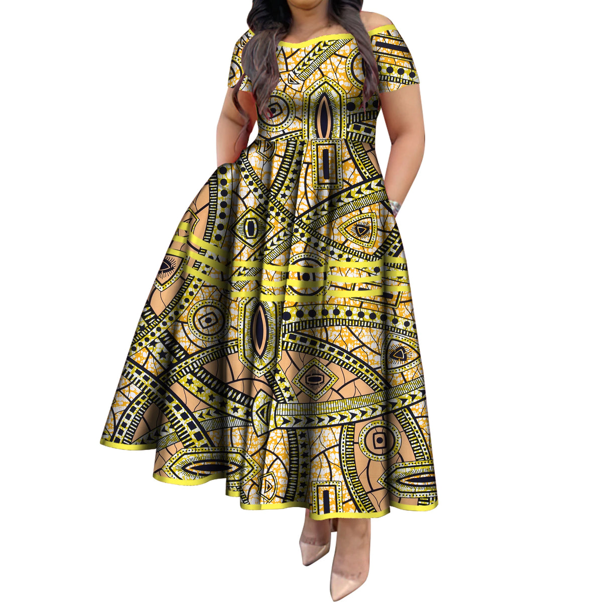 BintaRealWax African Dresses for Women Elegant African Print Short Sleeve High Waist Maxi Dress Africa Clothing WY3629
