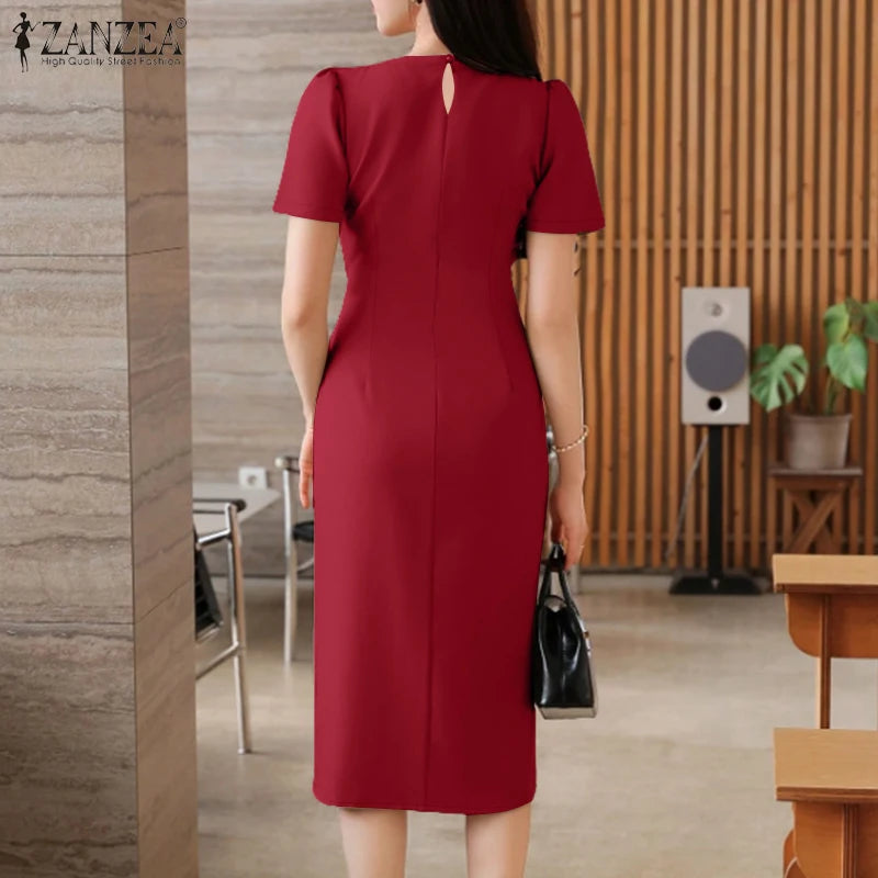 2025 Summer Dress ZANZEA Elegant Women Work OL Dresses Stylish Short Sleeve Slim Fit Party Vestidos Solid Lace Up Sundress Robe