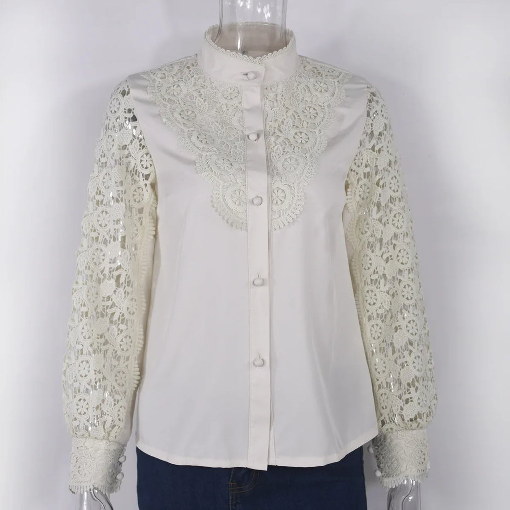 Women's Blouses White Office Spring Casual Button V-neck Long Sleeve Elegant Hook Flower Hollow Shirt For Female